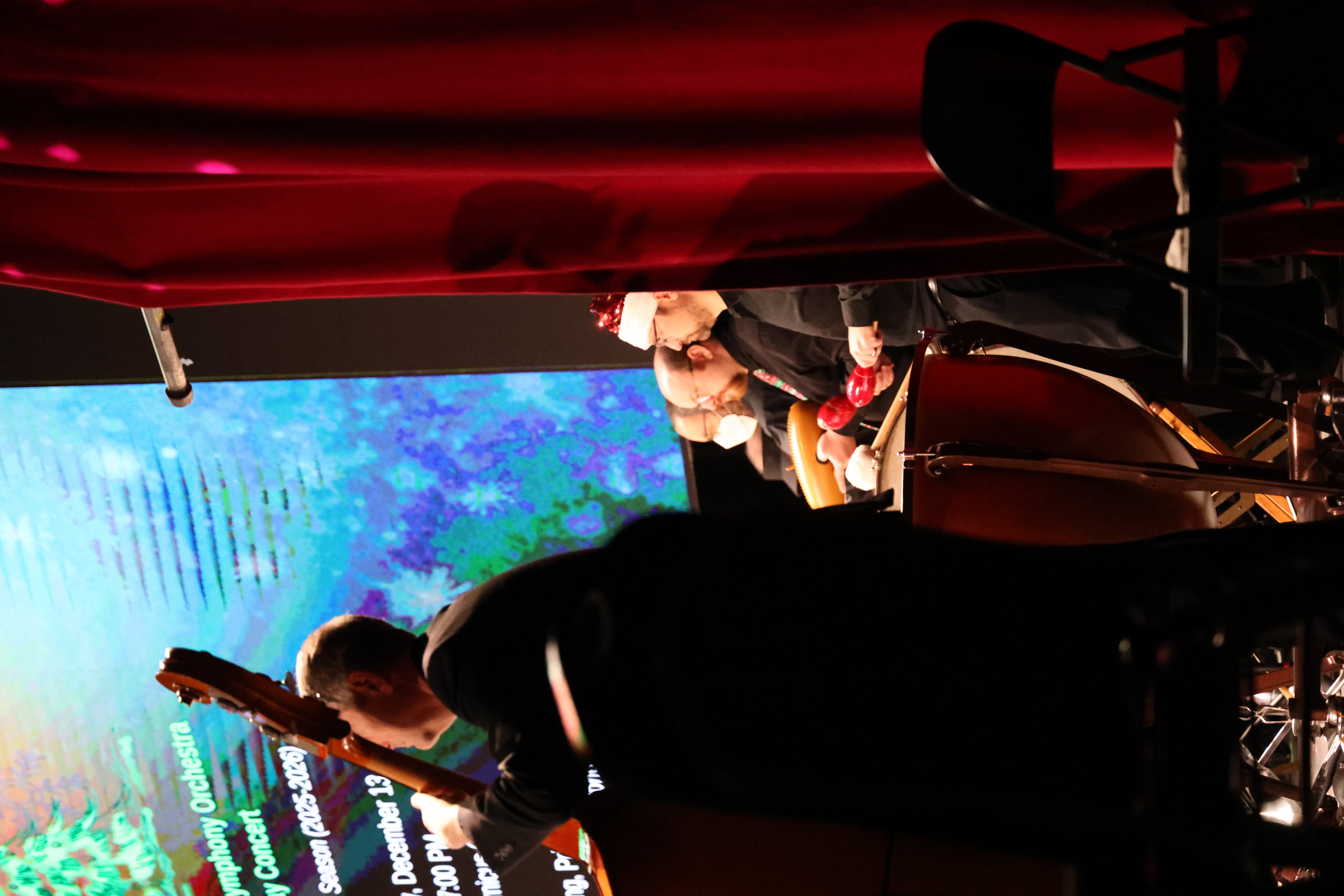 Symphony orchestra members performing a holiday concert.